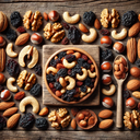 DALL·E 2025-02-01 11.17.06 - A visually appealing flat-lay of a natural and organic trail mix featuring the following ingredients_ dark organic raisins (50%), organic cashews (12%.webp